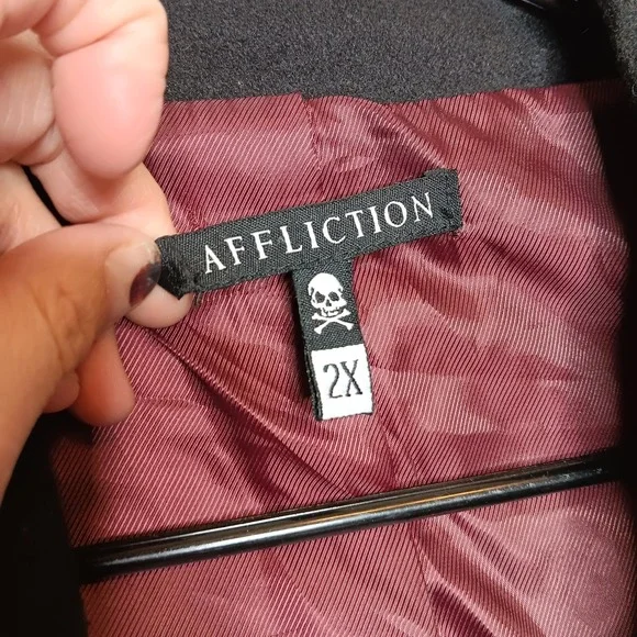 Affliction Coat Mens 2X Black Premium Skull Double Breasted Wool Grunge Goth
